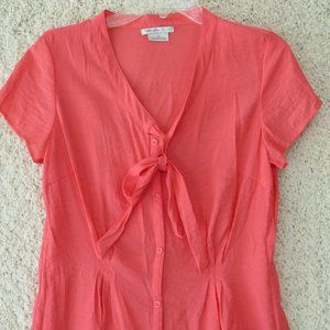 Van Heusen Women's Button Up, Deep Neck Bow, Short Sleeve Blouse, Medium ~ Coral
